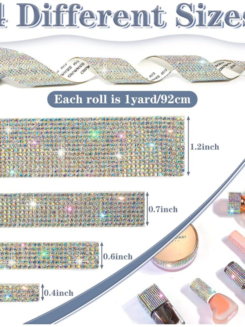 8 Rolls Rhinestone Ribbons, 8 Yard Silver Self Adhesive Rhinestone Ribbon, Bling - Picture 2 of 7